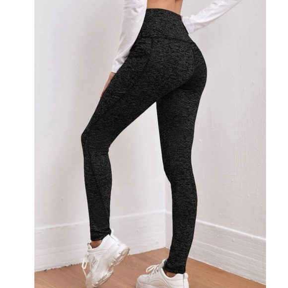 NEW High Rise Contrast Stitching Leggings Pockets Medium Pull On Stretchy black - Picture 2 of 11